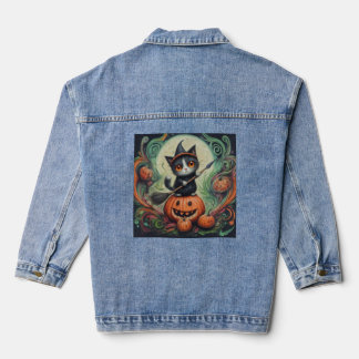 Denim whimsical witch cat and pumpkin Halloween Denim Jacket