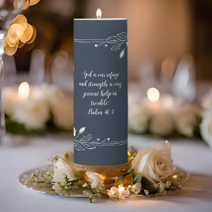 Denim White Floral Customizable Bible Verse Pillar Candle