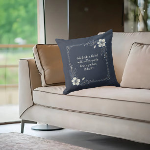 Denim White Floral Customizable Bible Verse  Throw Pillow