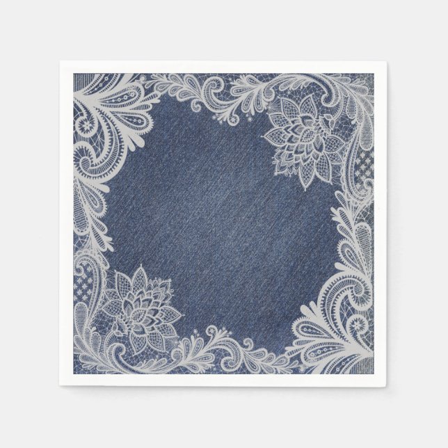 Denim & White Floral Lace Elegant Bridal Shower Napkins (Front)