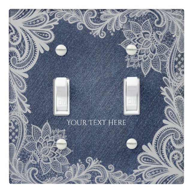Denim & White Floral Lace Elegant Light Switch Cover (In Situ)