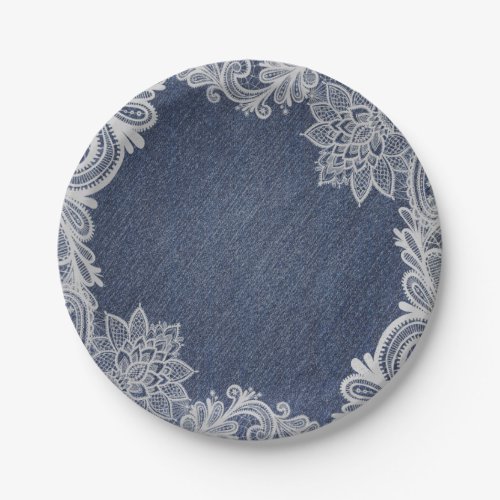 Denim  White Floral Lace Elegant Vintage Wedding Paper Plates