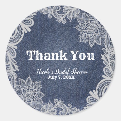 Denim  White Floral Lace Elegant Wedding Favor Classic Round Sticker