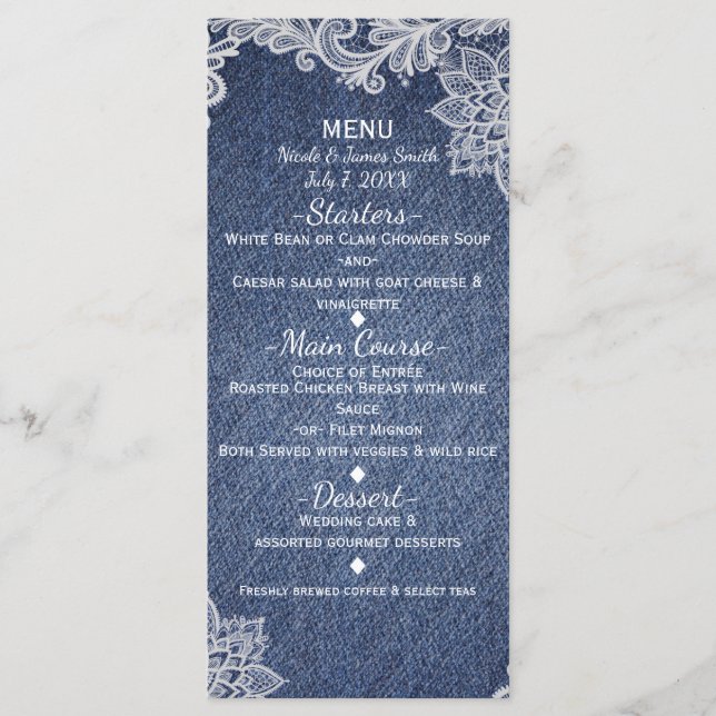 Denim & White Floral Lace Elegant Wedding Menu (Front)