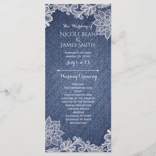 Denim & White Floral Lace Wedding Program Rack (Front)