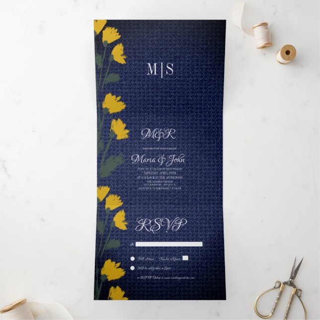 Denim & Wild Flowers Wedding Tri-Fold Invitation (Inside)