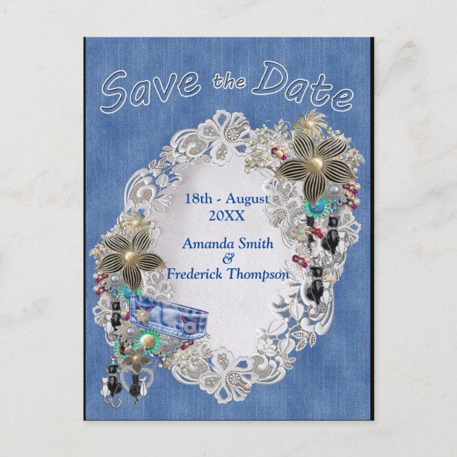 Denim with Cream Flower Lace and Costume Jewelry Announcement Postcard (Front)