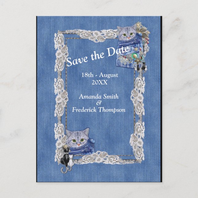 Denim with Cream Flower Lace and Costume Jewelry Announcement Postcard (Front)