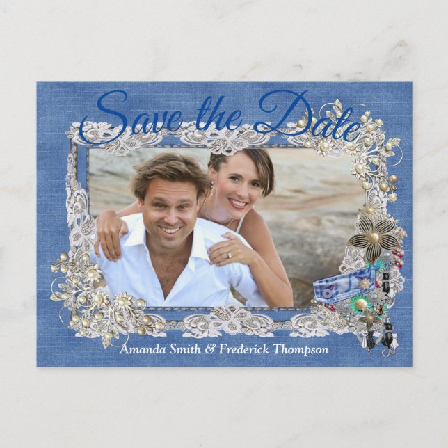 Denim with Cream Flower Lace and Costume Jewelry Announcement Postcard (Front)