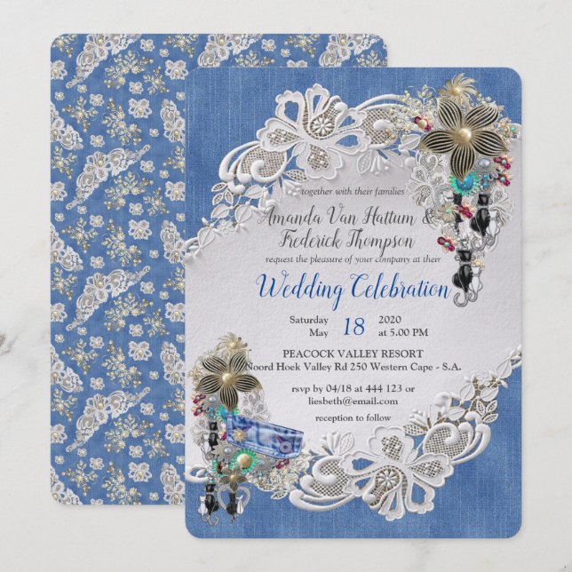 Denim with Cream Flower Lace and Costume Jewelry Invitation (Front/Back)