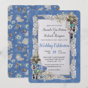 Denim with Cream Flower Lace and Costume Jewelry Invitation