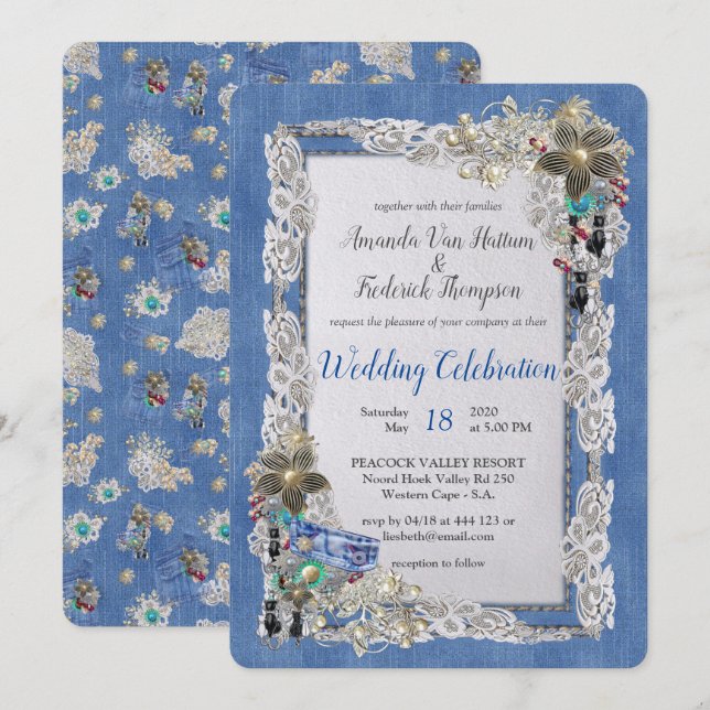 Denim with Cream Flower Lace and Costume Jewelry Invitation (Front/Back)