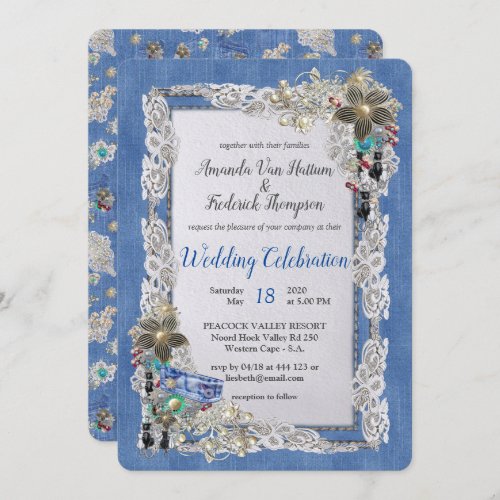 Denim with Cream Flower Lace and Costume Jewelry Invitation