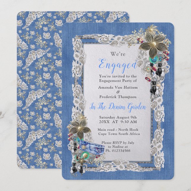 Denim with Cream Flower Lace and Costume Jewelry Invitation (Front/Back)