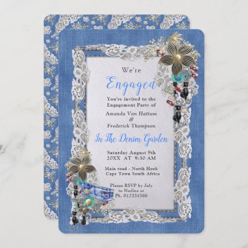 Denim with Cream Flower Lace and Costume Jewelry Invitation
