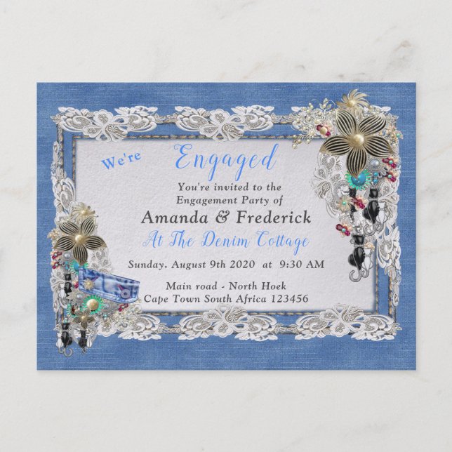 Denim with Cream Flower Lace And Costume Jewelry Invitation Postcard (Front)