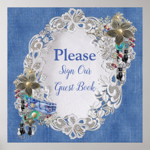 Denim with Cream Flower Lace and Costume Jewelry Poster