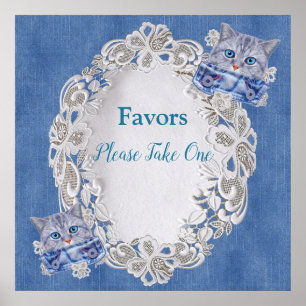 Denim with Cream Flower Lace and Kittens Poster