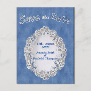 Denim with Cream Flower Lace Announcement Postcard