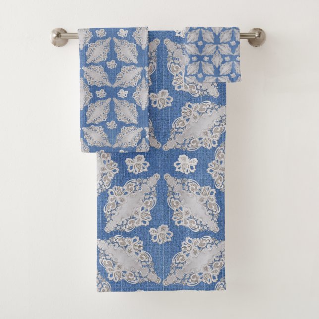 Denim with Lace Repeat Pattern Bath Towel Set (Insitu)