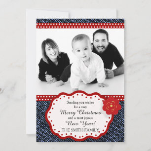 Denim with Red and White Polka Dot Photo Christmas Holiday Card