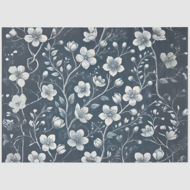 Denim With White Flowers Decoupage Tissue Paper (Front)