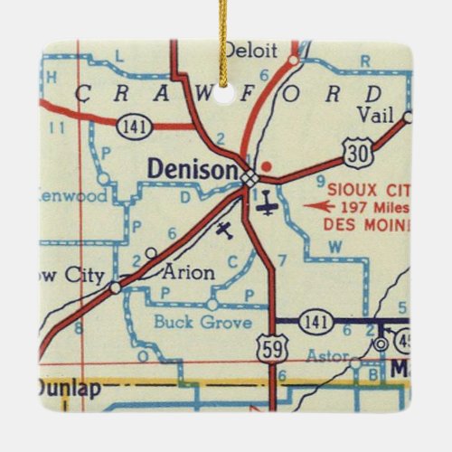 Denison IA Vintage Map Ceramic Ornament