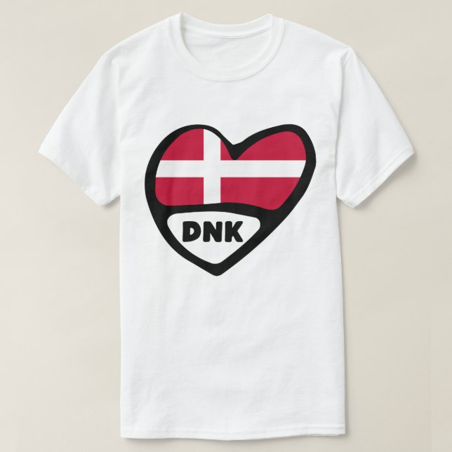Denmark Country Code Flag Heart Pin Badge, DNK T-Shirt (Design Front)