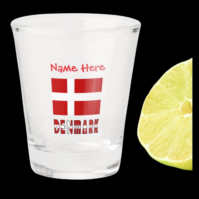 Denmark Danish Flag Red Personalized  Shot Glass (Shot glass has Danish Flag with the word DENMARK below in colors of flag. Add name above in red text)