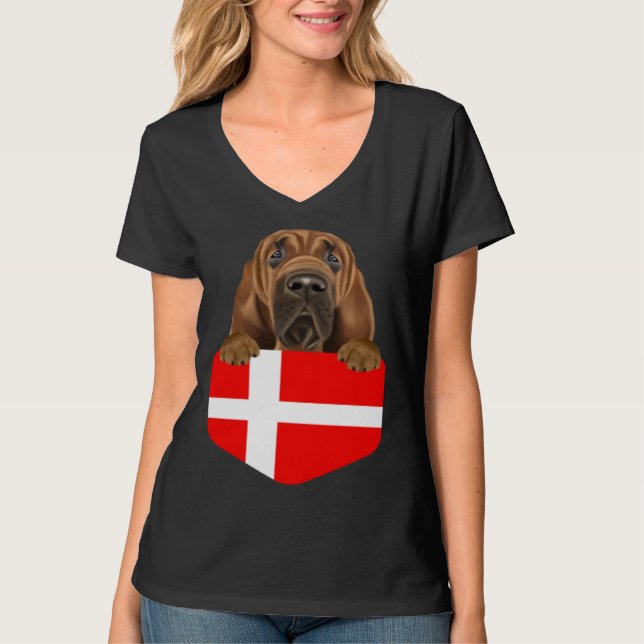 Denmark Flag Bloodhound Dog In Pocket T-Shirt (Front)