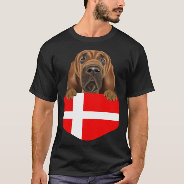 Denmark Flag Bloodhound Dog In Pocket T-Shirt (Front)