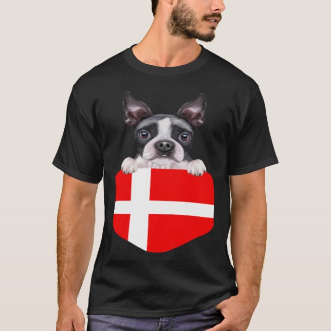 Denmark Flag Boston Terrier Dog In Pocket T-Shirt (Front)