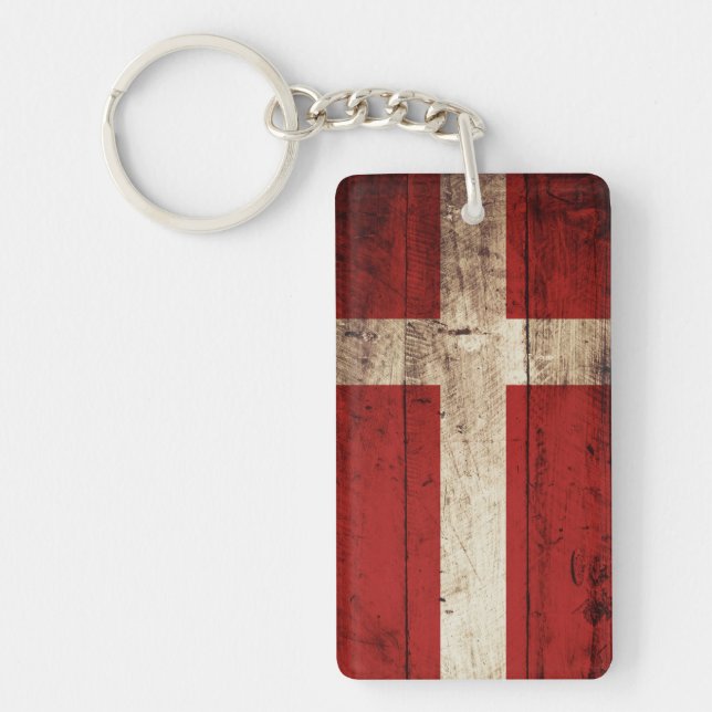 Denmark Flag on Old Wood Grain Keychain (Front)