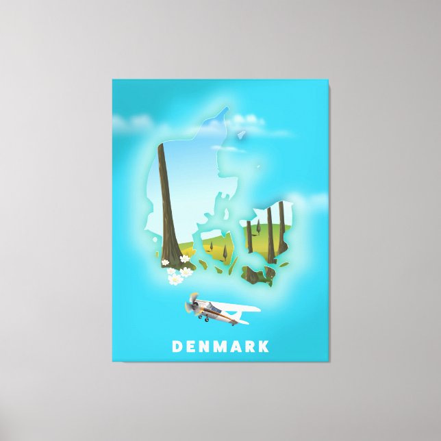 Denmark map illustrated travel poster. canvas print (Front)