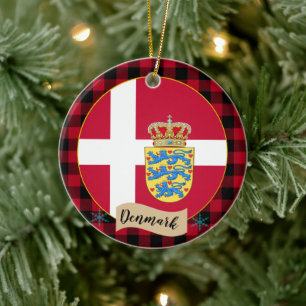 Denmark, Red buffalo plaid & Danish Flag Ceramic Ornament