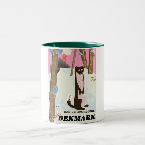 Denmark vintage cartoon landscape travel poster Two_Tone coffee mug