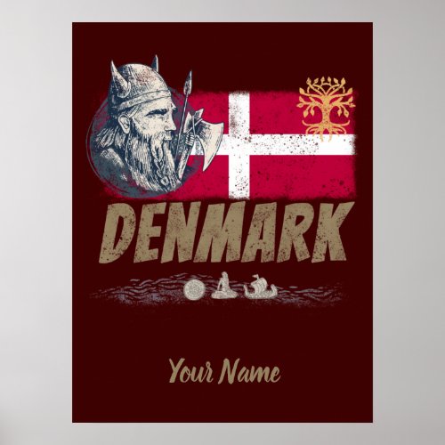 Denmark vintage flag viking and ship souvenir poster