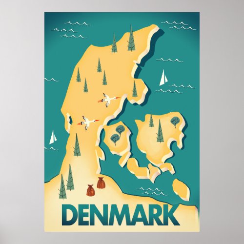 Denmark Vintage style map travel poster