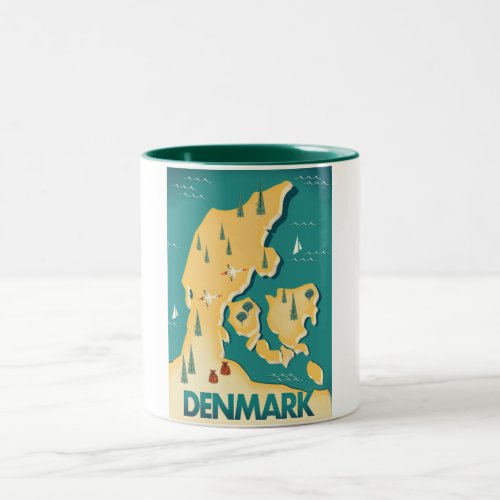 Denmark Vintage style map travel poster Two_Tone Coffee Mug