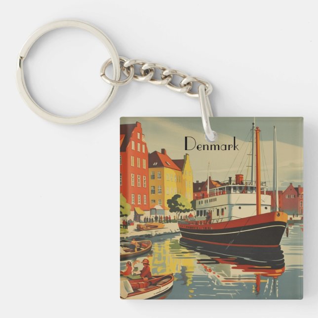 Denmark Vintage Travel Poster customizable Keychain (Front)