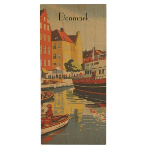 Denmark Vintage Travel Poster customizable Wood Flash Drive