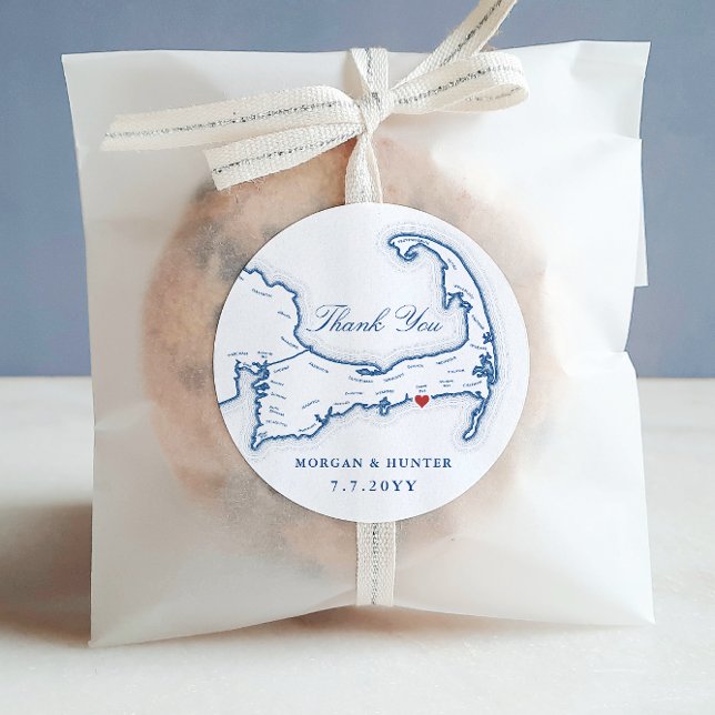 Dennis Port Cape Cod Map Thank You Wedding Favor Classic Round Sticker (Dennis Port MA Thank You wedding favor sticker label in elegant navy blue from Coastal Map Designs)