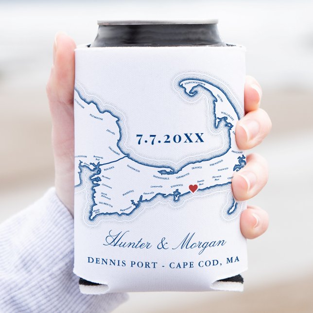 Dennis Port Cape Cod Wedding Favor Can Cooler (Elegant Dennis Port Wedding Coozie Cape Cod Map Wedding Can Cooler from Coastal Map Designs)