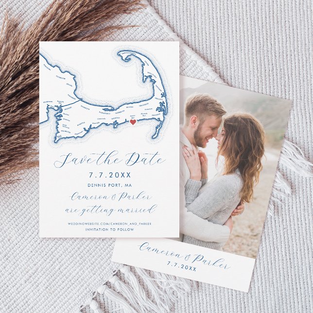 Dennis Port MA Cape Cod Map Navy Blue Wedding Save The Date (Dennis Port MA Cape Cod Map Save the Date with Photo in Elegant Modern navy blue Coastal Map Designs)
