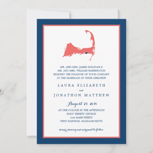 Dennisport Cape Cod Map and Stripes  Wedding Invitation