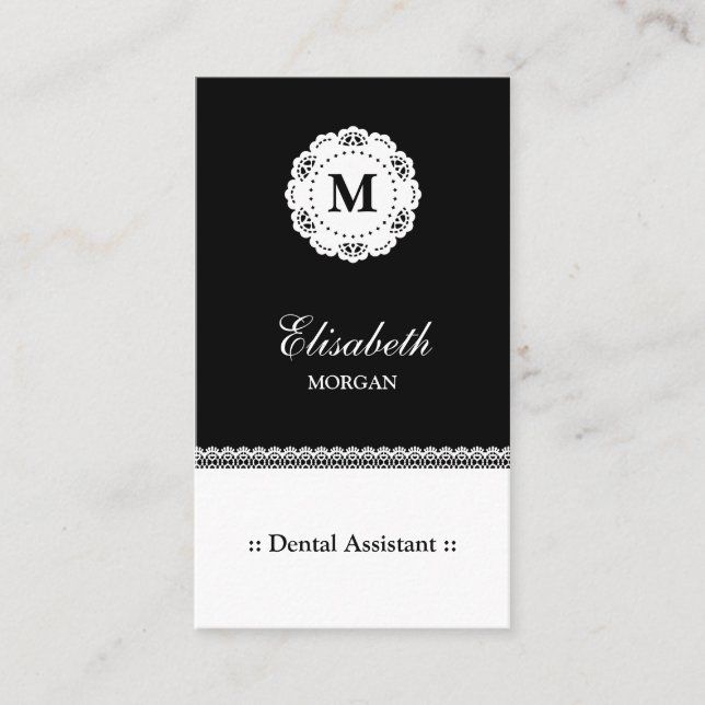 Dental Assistant Black White Lace Monogram Business Card (Front)