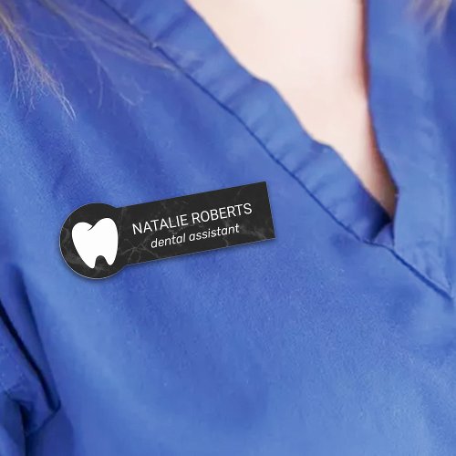 Dental Assistant Modern Black Marble Dentist Name Tag