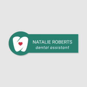 Dental Assistant Modern Tooth & Heart Teal Dentist Name Tag