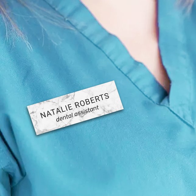 Dental Assistant Modern White Marble Dentist Name Tag (Creator Uploaded)