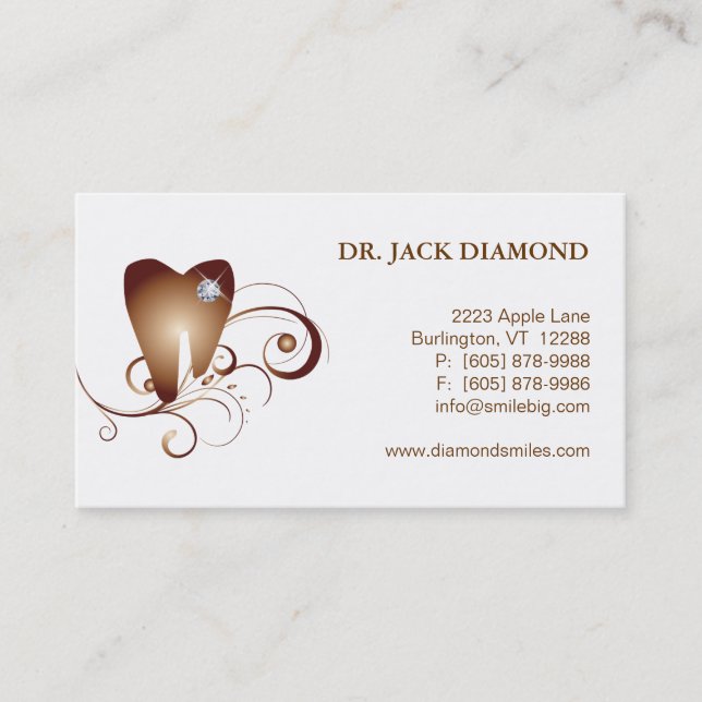 Dental Business Card Diamond Tooth Logo Brown (Front)
